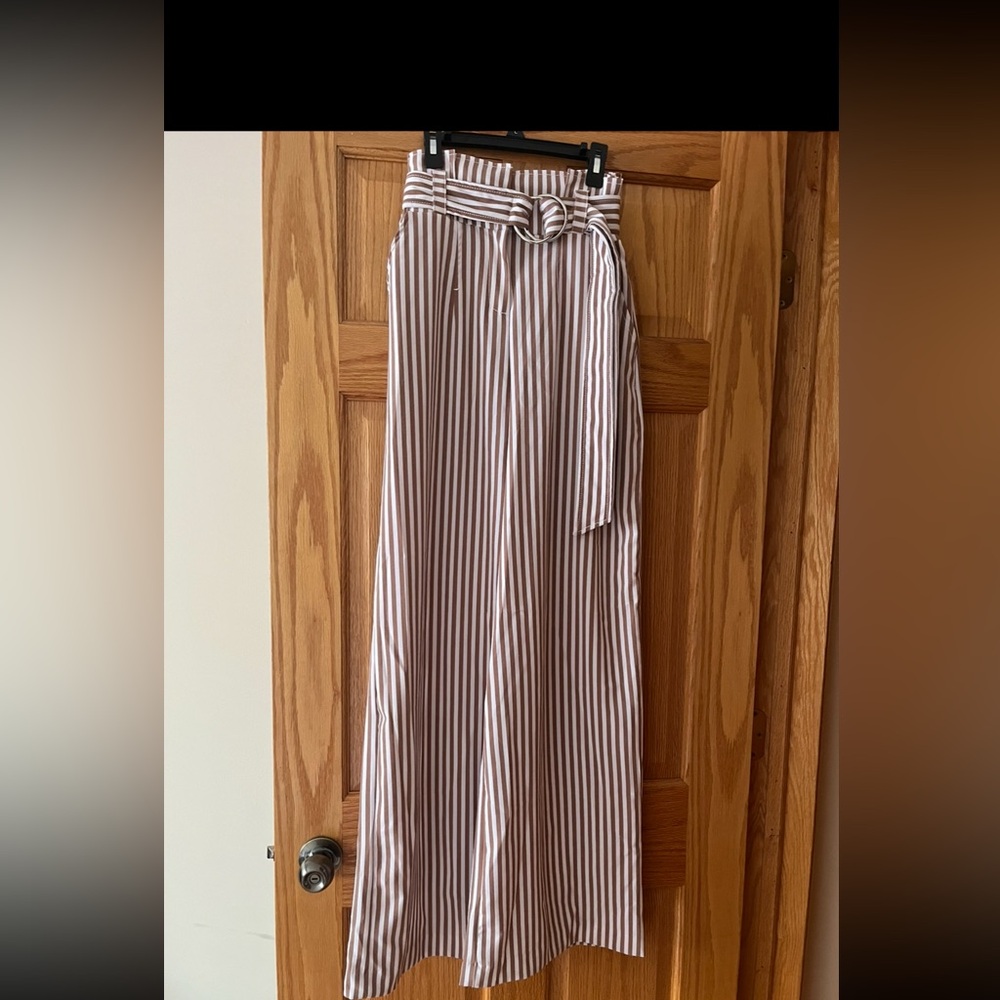 Striped white and tan wide leg pants with belt